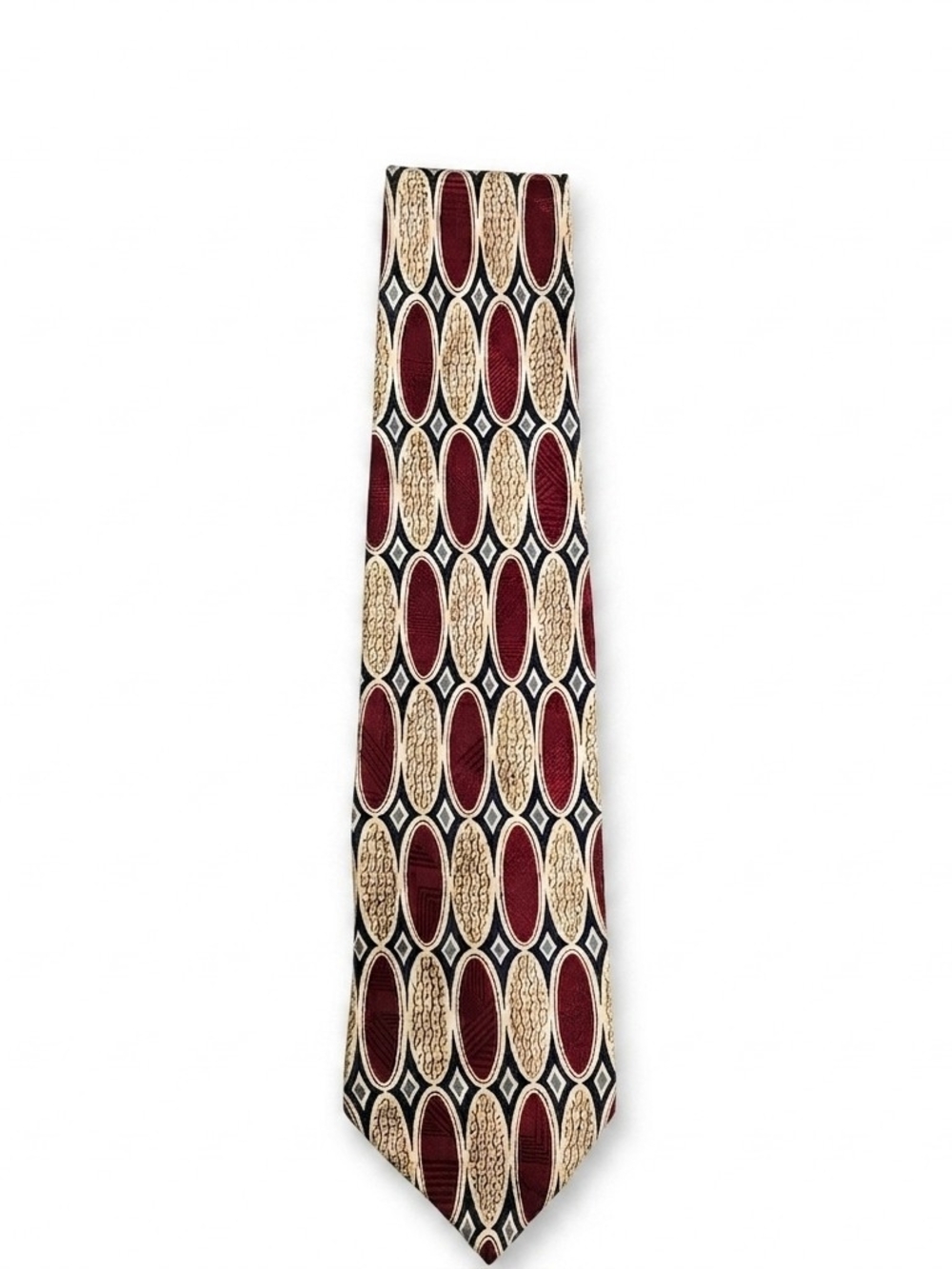 Henry Grethel Vintage 90s Burgundy Cream Geometric Italian Silk Wide Necktie